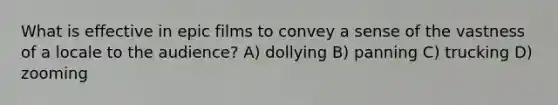 What is effective in epic films to convey a sense of the vastness of a locale to the audience? A) dollying B) panning C) trucking D) zooming