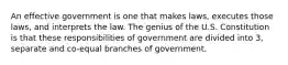 An effective government is one that makes laws, executes those laws, and interprets the law. The genius of the U.S. Constitution is that these responsibilities of government are divided into 3, separate and co-equal branches of government.