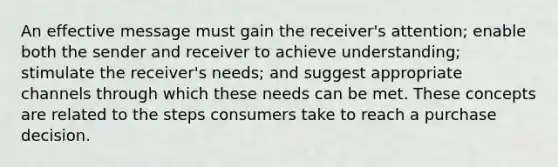 An effective message must gain the receiver's attention; enable both the sender and receiver to achieve understanding; stimulate the receiver's needs; and suggest appropriate channels through which these needs can be met. These concepts are related to the steps consumers take to reach a purchase decision.