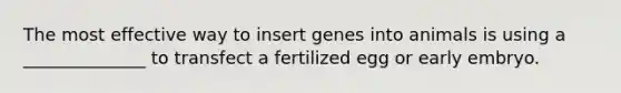 The most effective way to insert genes into animals is using a ______________ to transfect a fertilized egg or early embryo.