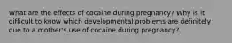 What are the effects of cocaine during pregnancy? Why is it difficult to know which developmental problems are definitely due to a mother's use of cocaine during pregnancy?