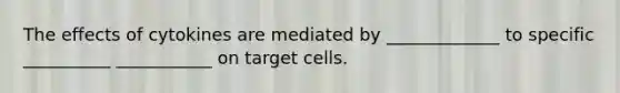 The effects of cytokines are mediated by _____________ to specific __________ ___________ on target cells.