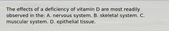 The effects of a deficiency of vitamin D are most readily observed in the: A. nervous system. B. skeletal system. C. muscular system. D. epithelial tissue.