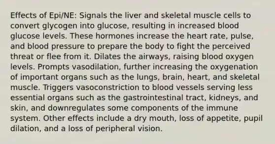 Effects of Epi/NE: Signals the liver and skeletal muscle cells to convert glycogen into glucose, resulting in increased blood glucose levels. These hormones increase <a href='https://www.questionai.com/knowledge/kya8ocqc6o-the-heart' class='anchor-knowledge'>the heart</a> rate, pulse, and <a href='https://www.questionai.com/knowledge/kD0HacyPBr-blood-pressure' class='anchor-knowledge'>blood pressure</a> to prepare the body to fight the perceived threat or flee from it. Dilates the airways, raising blood oxygen levels. Prompts vasodilation, further increasing the oxygenation of important organs such as the lungs, brain, heart, and skeletal muscle. Triggers vasoconstriction to <a href='https://www.questionai.com/knowledge/kZJ3mNKN7P-blood-vessels' class='anchor-knowledge'>blood vessels</a> serving less essential organs such as the gastrointestinal tract, kidneys, and skin, and downregulates some components of the immune system. Other effects include a dry mouth, loss of appetite, pupil dilation, and a loss of peripheral vision.