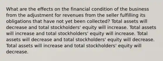 What are the effects on the financial condition of the business from the adjustment for revenues from the seller fulfilling its obligations that have not yet been collected? Total assets will decrease and total stockholders' equity will increase. Total assets will increase and total stockholders' equity will increase. Total assets will decrease and total stockholders' equity will decrease. Total assets will increase and total stockholders' equity will decrease.