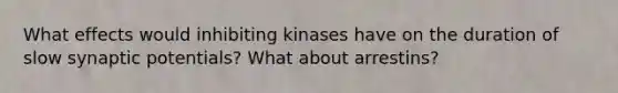 What effects would inhibiting kinases have on the duration of slow synaptic potentials? What about arrestins?