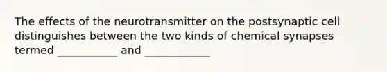 The effects of the neurotransmitter on the postsynaptic cell distinguishes between the two kinds of chemical synapses termed ___________ and ____________