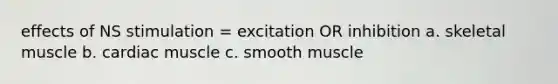 effects of NS stimulation = excitation OR inhibition a. skeletal muscle b. cardiac muscle c. smooth muscle