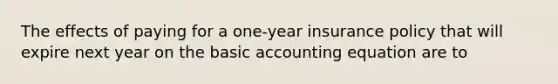 The effects of paying for a one-year insurance policy that will expire next year on the basic accounting equation are to