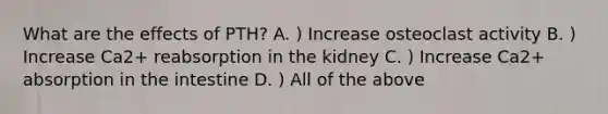 What are the effects of PTH? A. ) Increase osteoclast activity B. ) Increase Ca2+ reabsorption in the kidney C. ) Increase Ca2+ absorption in the intestine D. ) All of the above