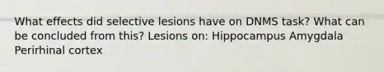 What effects did selective lesions have on DNMS task? What can be concluded from this? Lesions on: Hippocampus Amygdala Perirhinal cortex