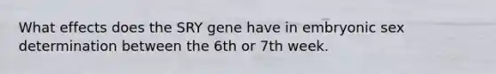 What effects does the SRY gene have in embryonic sex determination between the 6th or 7th week.