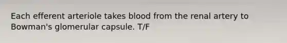 Each efferent arteriole takes blood from the renal artery to Bowman's glomerular capsule.​ T/F