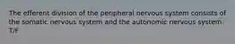 The efferent division of the peripheral nervous system consists of the somatic nervous system and the autonomic nervous system. T/F
