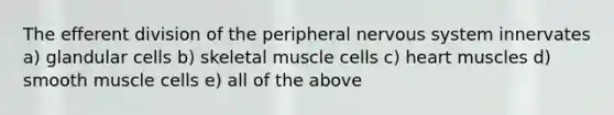 The efferent division of the peripheral <a href='https://www.questionai.com/knowledge/kThdVqrsqy-nervous-system' class='anchor-knowledge'>nervous system</a> innervates a) glandular cells b) skeletal muscle cells c) heart muscles d) smooth muscle cells e) all of the above