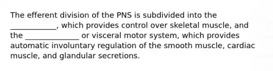 The efferent division of the PNS is subdivided into the ____________, which provides control over skeletal muscle, and the ______________ or visceral motor system, which provides automatic involuntary regulation of the smooth muscle, cardiac muscle, and glandular secretions.