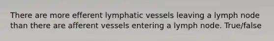 There are more efferent <a href='https://www.questionai.com/knowledge/ki6sUebkzn-lymphatic-vessels' class='anchor-knowledge'>lymphatic vessels</a> leaving a lymph node than there are afferent vessels entering a lymph node. True/false