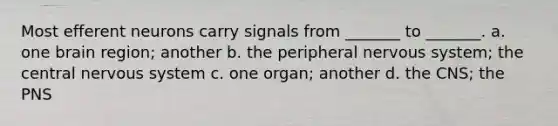 Most efferent neurons carry signals from _______ to _______. a. one brain region; another b. the peripheral <a href='https://www.questionai.com/knowledge/kThdVqrsqy-nervous-system' class='anchor-knowledge'>nervous system</a>; the central nervous system c. one organ; another d. the CNS; the PNS