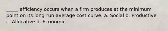 _____ efficiency occurs when a firm produces at the minimum point on its long-run average cost curve. a. Social b. Productive c. Allocative d. Economic