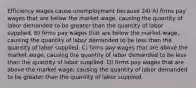 Efficiency wages cause unemployment because 24) A) firms pay wages that are below the market wage, causing the quantity of labor demanded to be greater than the quantity of labor supplied. B) firms pay wages that are below the market wage, causing the quantity of labor demanded to be less than the quantity of labor supplied. C) firms pay wages that are above the market wage, causing the quantity of labor demanded to be less than the quantity of labor supplied. D) firms pay wages that are above the market wage, causing the quantity of labor demanded to be greater than the quantity of labor supplied.