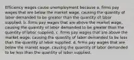 Efficiency wages cause unemployment because a. firms pay wages that are below the market wage, causing the quantity of labor demanded to be greater than the quantity of labor supplied. b. firms pay wages that are above the market wage, causing the quantity of labor demanded to be greater than the quantity of labor supplied. c. firms pay wages that are above the market wage, causing the quantity of labor demanded to be less than the quantity of labor supplied. d. firms pay wages that are below the market wage, causing the quantity of labor demanded to be less than the quantity of labor supplied.