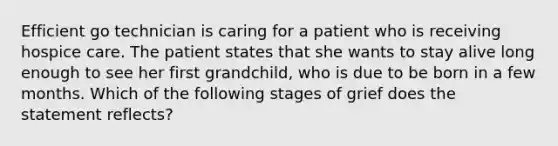 Efficient go technician is caring for a patient who is receiving hospice care. The patient states that she wants to stay alive long enough to see her first grandchild, who is due to be born in a few months. Which of the following stages of grief does the statement reflects?