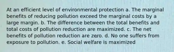 At an efficient level of environmental protection a. The marginal benefits of reducing pollution exceed the marginal costs by a large margin. b. The difference between the total benefits and total costs of pollution reduction are maximized. c. The net benefits of pollution reduction are zero. d. No one suffers from exposure to pollution. e. Social welfare is maximized