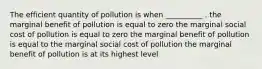 The efficient quantity of pollution is when __________ . the marginal benefit of pollution is equal to zero the marginal social cost of pollution is equal to zero the marginal benefit of pollution is equal to the marginal social cost of pollution the marginal benefit of pollution is at its highest level