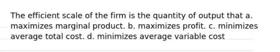 The efficient scale of the firm is the quantity of output that a. maximizes marginal product. b. maximizes profit. c. minimizes average total cost. d. minimizes average variable cost