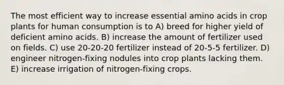 The most efficient way to increase essential <a href='https://www.questionai.com/knowledge/k9gb720LCl-amino-acids' class='anchor-knowledge'>amino acids</a> in crop plants for human consumption is to A) breed for higher yield of deficient amino acids. B) increase the amount of fertilizer used on fields. C) use 20-20-20 fertilizer instead of 20-5-5 fertilizer. D) engineer nitrogen-fixing nodules into crop plants lacking them. E) increase irrigation of nitrogen-fixing crops.