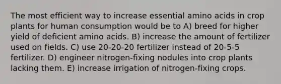 The most efficient way to increase essential amino acids in crop plants for human consumption would be to A) breed for higher yield of deficient amino acids. B) increase the amount of fertilizer used on fields. C) use 20-20-20 fertilizer instead of 20-5-5 fertilizer. D) engineer nitrogen-fixing nodules into crop plants lacking them. E) increase irrigation of nitrogen-fixing crops.