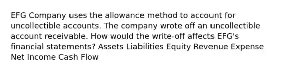 EFG Company uses the allowance method to account for uncollectible accounts. The company wrote off an uncollectible account receivable. How would the write-off affects EFG's financial statements? Assets Liabilities Equity Revenue Expense Net Income Cash Flow