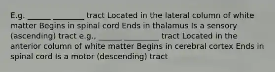 E.g. ______ ________ tract Located in the lateral column of white matter Begins in spinal cord Ends in thalamus Is a sensory (ascending) tract e.g., ______ _________ tract Located in the anterior column of white matter Begins in cerebral cortex Ends in spinal cord Is a motor (descending) tract