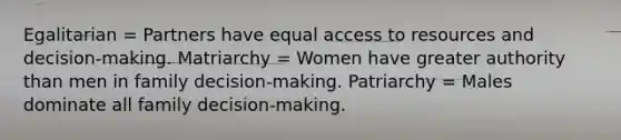 Egalitarian = Partners have equal access to resources and decision-making. Matriarchy = Women have greater authority than men in family decision-making. Patriarchy = Males dominate all family decision-making.