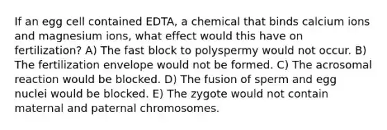 If an egg cell contained EDTA, a chemical that binds calcium ions and magnesium ions, what effect would this have on fertilization? A) The fast block to polyspermy would not occur. B) The fertilization envelope would not be formed. C) The acrosomal reaction would be blocked. D) The fusion of sperm and egg nuclei would be blocked. E) The zygote would not contain maternal and paternal chromosomes.