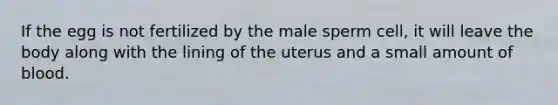 If the egg is not fertilized by the male sperm cell, it will leave the body along with the lining of the uterus and a small amount of blood.