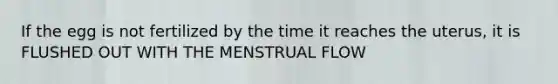 If the egg is not fertilized by the time it reaches the uterus, it is FLUSHED OUT WITH THE MENSTRUAL FLOW