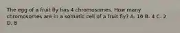 The egg of a fruit fly has 4 chromosomes. How many chromosomes are in a somatic cell of a fruit fly? A. 16 B. 4 C. 2 D. 8