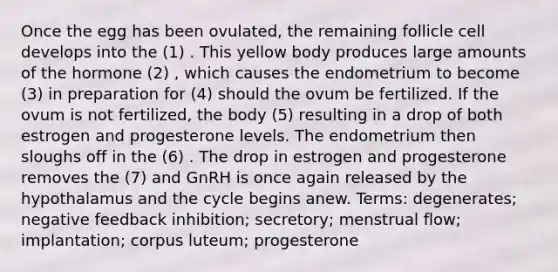 Once the egg has been ovulated, the remaining follicle cell develops into the (1) . This yellow body produces large amounts of the hormone (2) , which causes the endometrium to become (3) in preparation for (4) should the ovum be fertilized. If the ovum is not fertilized, the body (5) resulting in a drop of both estrogen and progesterone levels. The endometrium then sloughs off in the (6) . The drop in estrogen and progesterone removes the (7) and GnRH is once again released by the hypothalamus and the cycle begins anew. Terms: degenerates; negative feedback inhibition; secretory; menstrual flow; implantation; corpus luteum; progesterone