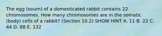 The egg (ovum) of a domesticated rabbit contains 22 chromosomes. How many chromosomes are in the somatic (body) cells of a rabbit? (Section 10.2) SHOW HINT A. 11 B. 22 C. 44 D. 88 E. 132