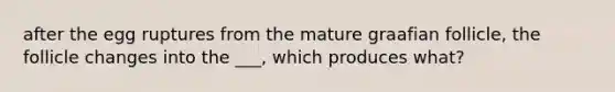 after the egg ruptures from the mature graafian follicle, the follicle changes into the ___, which produces what?