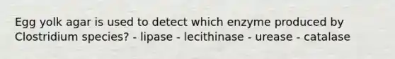 Egg yolk agar is used to detect which enzyme produced by Clostridium species? - lipase - lecithinase - urease - catalase