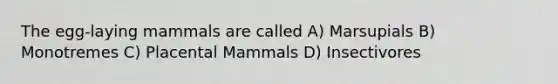 The egg-laying mammals are called A) Marsupials B) Monotremes C) Placental Mammals D) Insectivores