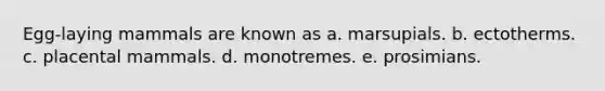 Egg-laying mammals are known as a. marsupials. b. ectotherms. c. placental mammals. d. monotremes. e. prosimians.