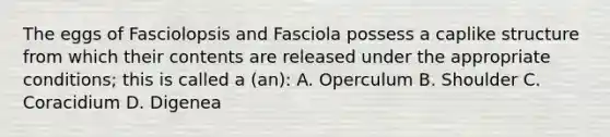 The eggs of Fasciolopsis and Fasciola possess a caplike structure from which their contents are released under the appropriate conditions; this is called a (an): A. Operculum B. Shoulder C. Coracidium D. Digenea