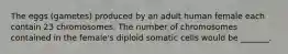 The eggs (gametes) produced by an adult human female each contain 23 chromosomes. The number of chromosomes contained in the female's diploid somatic cells would be _______.