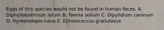 Eggs of this species would not be found in human feces. A. Diphyllobothrium latum B. Taenia solium C. Dipylidium caninum D. Hymenolepis nana E. Echinococcus granulosus