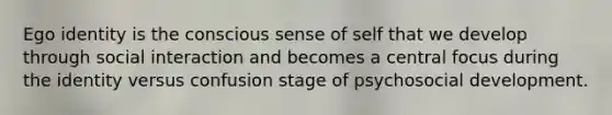 Ego identity is the conscious sense of self that we develop through social interaction and becomes a central focus during the identity versus confusion stage of psychosocial development.