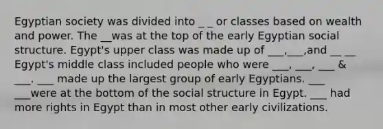 Egyptian society was divided into _ _ or classes based on wealth and power. The __was at the top of the early Egyptian social structure. Egypt's upper class was made up of ___,___,and __ __ Egypt's middle class included people who were ___, ___, ___ & ___. ___ made up the largest group of early Egyptians. ___ ___were at the bottom of the social structure in Egypt. ___ had more rights in Egypt than in most other early civilizations.