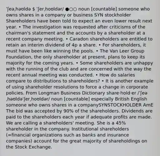 ˈʃeəˌhəʊldə  ˈʃerˌhoʊldər/ ●○○ noun [countable] someone who owns shares in a company or business SYN stockholder Shareholders have been told to expect an even lower result next year. • The investigation was requested after criticisms of the chairman's statement and the accounts by a shareholder at a recent company meeting. • Caradon shareholders are entitled to retain an interim dividend of 4p a share. • For shareholders, it must have been like winning the pools. • The Van Leer Group Foundation, the only shareholder at present, plans to keep its majority for the coming years. • Some shareholders are unhappy with the running of the club and are concerned with the way the recent annual meeting was conducted. • How do salaries compare to distributions to shareholders? • It is another example of using shareholder resolutions to force a change in corporate policies. From Longman Business Dictionary share‧hold‧er /ˈʃeəˌhəʊldəˈʃerˌhoʊldər/ noun [countable] especially British English someone who owns shares in a companySYNSTOCKHOLDER AmE The bid was accepted by 90% of the shareholders. Dividends are paid to the shareholders each year if adequate profits are made. We are calling a shareholders' meeting. She is a 45% shareholder in the company. Institutional shareholders (=financial organizations such as banks and insurance companies) account for the great majority of shareholdings on the Stock Exchange.